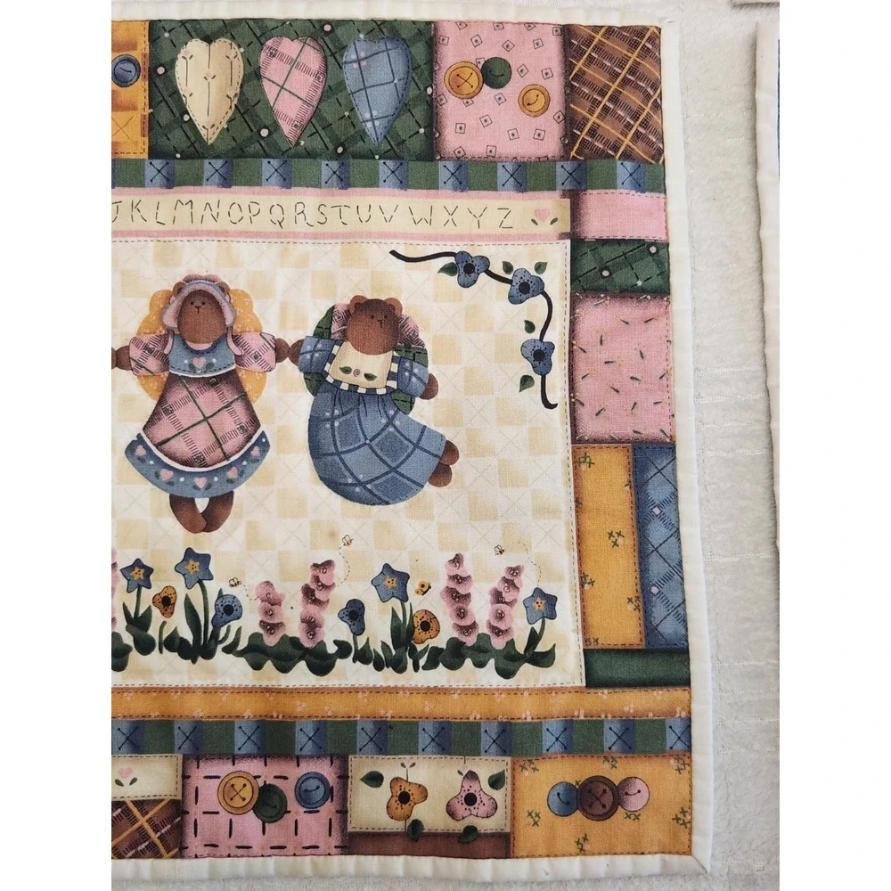 Leslie Beck Placemats Cranstson- Set Of Four Bear Angels Faux Quilt Cottage Core